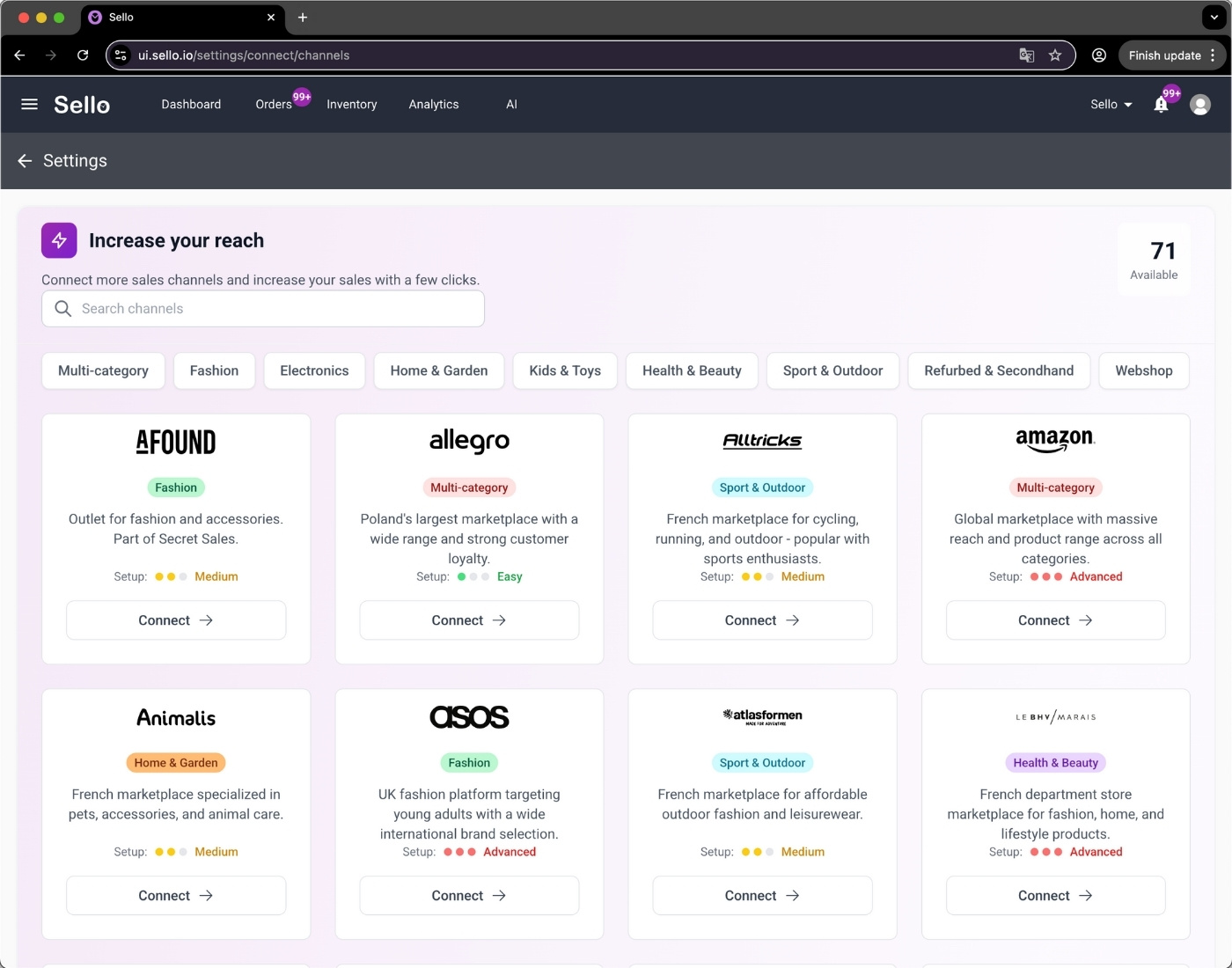 Sello settings showing available sales channels and marketplaces.