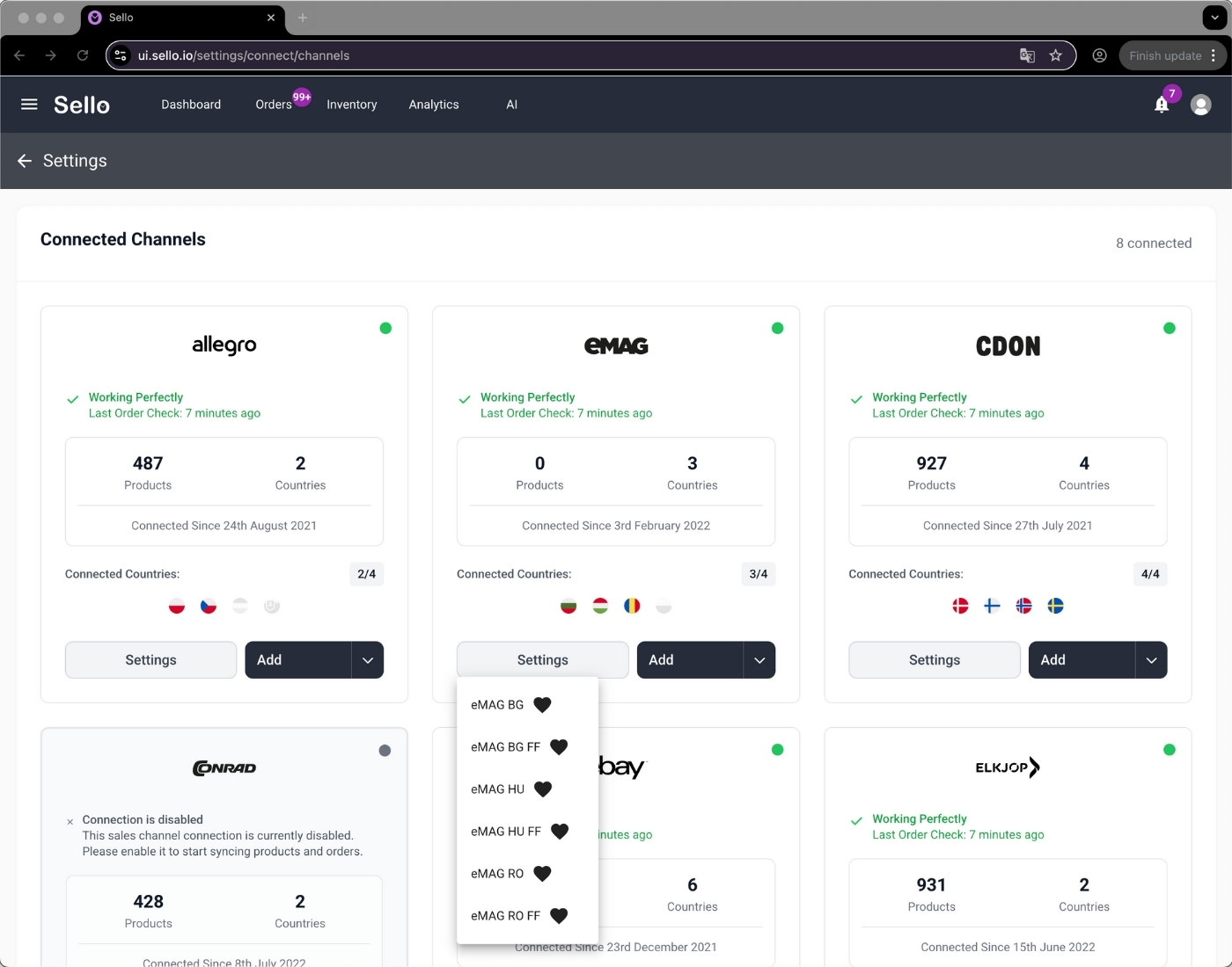 Sello showing connected sales channels including Allegro, eMAG, CDON, and eBay.