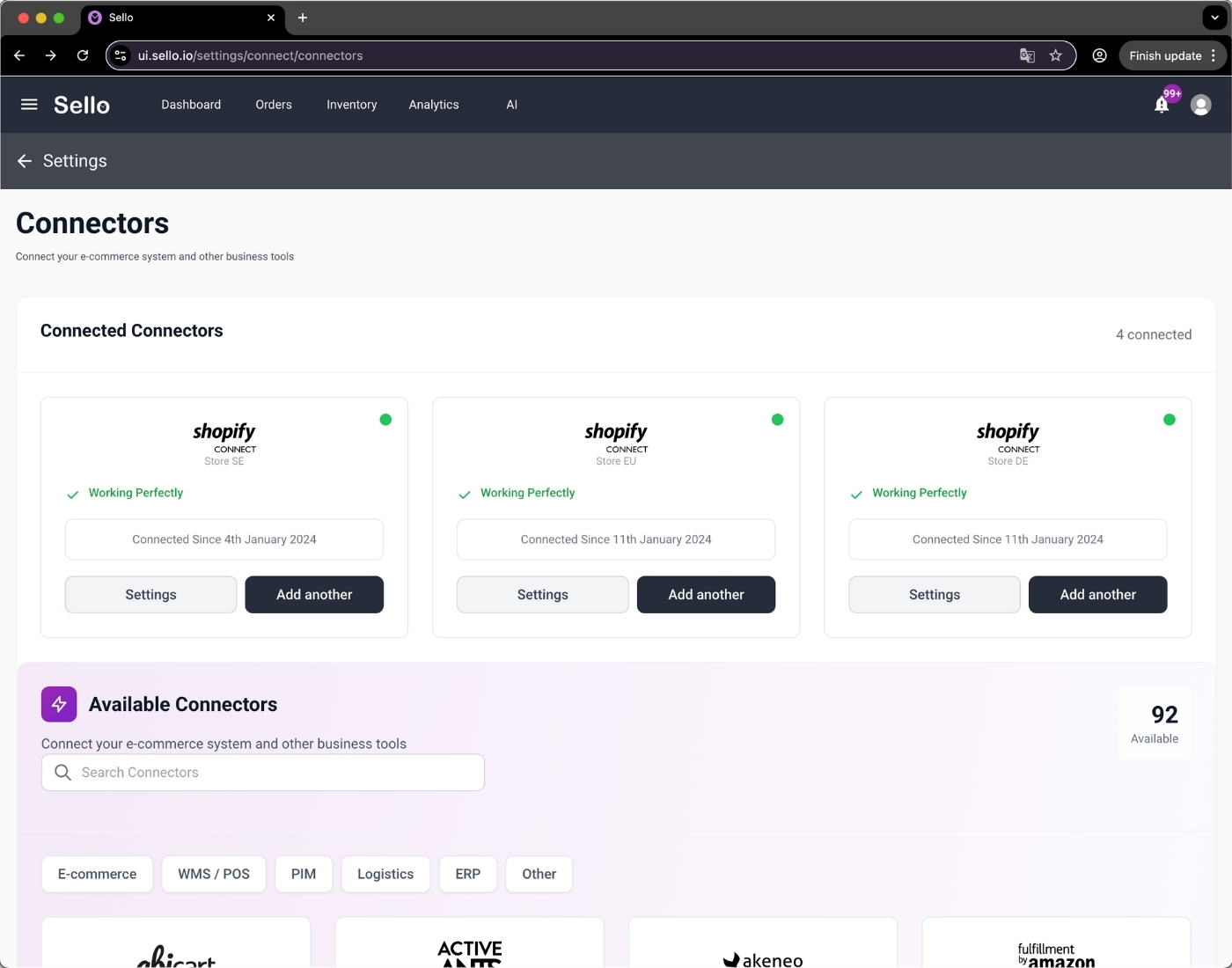 Sello dashboard showing connected Shopify connectors.
