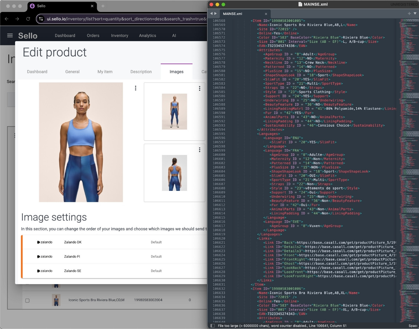 Sello product editing with image settings and XML product data.