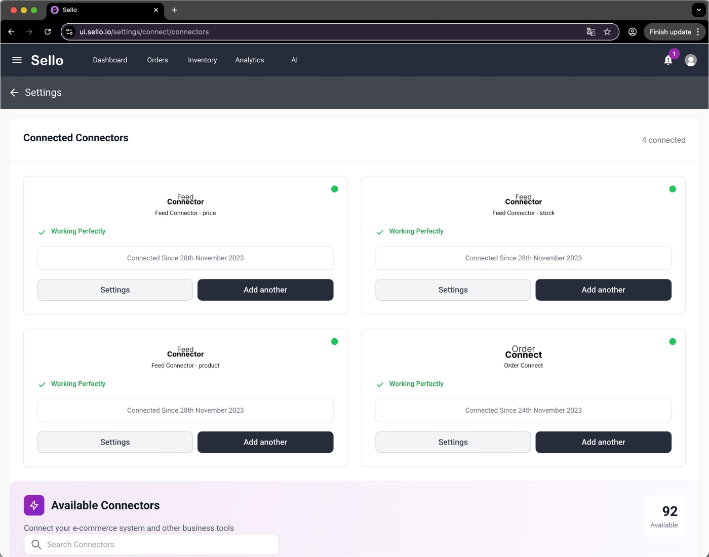 Sello dashboard showing active feed connectors and order connect integrations.