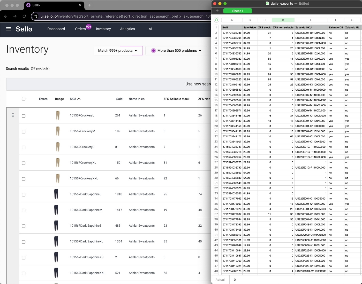 Sello lageröversikt som visar produktlistor och SKU-synkronisering med daglig Excel-export för automatiserad e-handel.