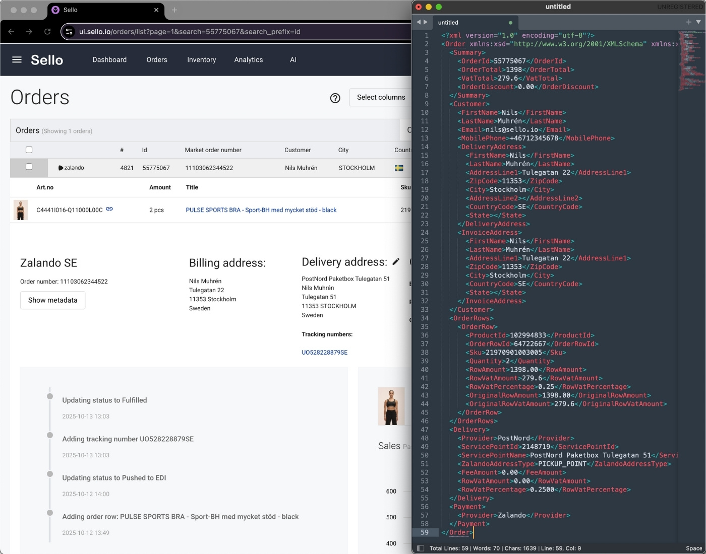 Sello order management interface with Zalando order details and XML data integration via OrderConnect API.