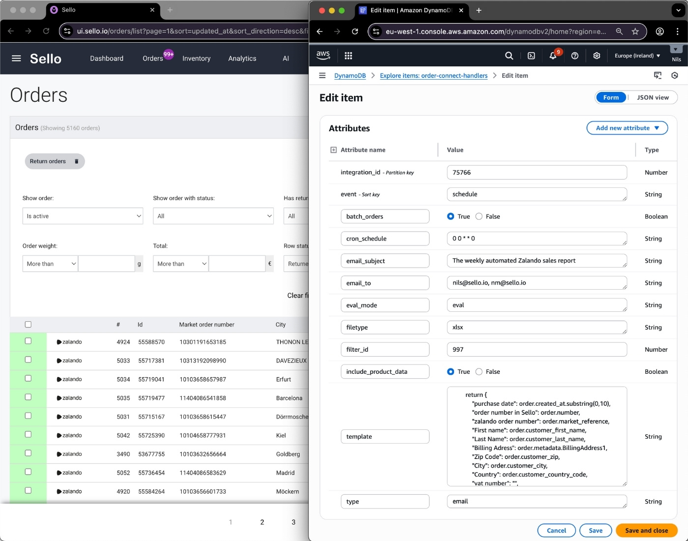 Sello orderhanteringssystem integrerat med AWS DynamoDB som visar automatiserad inställning för veckovisa Zalando-försäljningsrapporter.