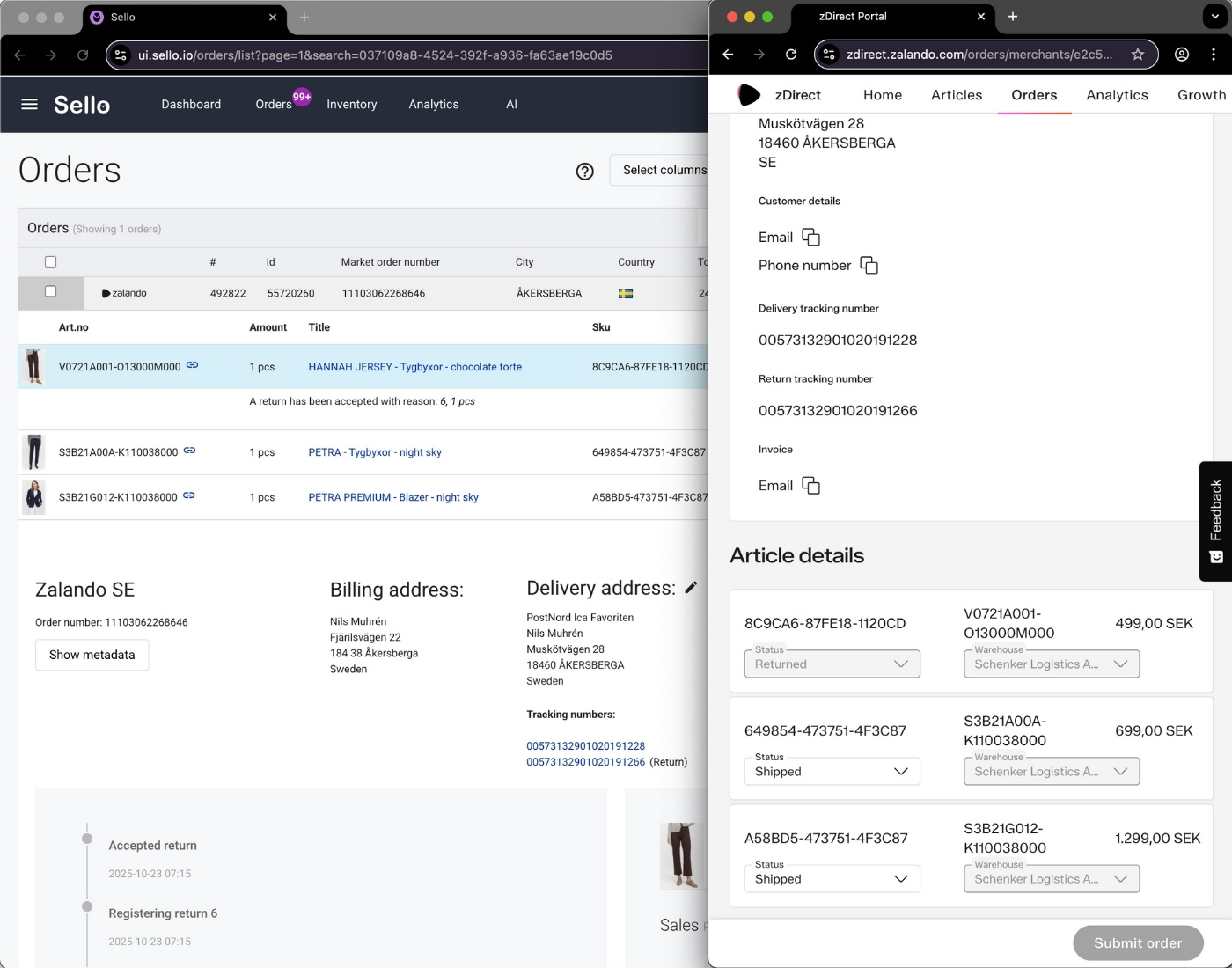 Sello-Zalando-integration som visar order- och returhantering för e-handlare på marknadsplatser.