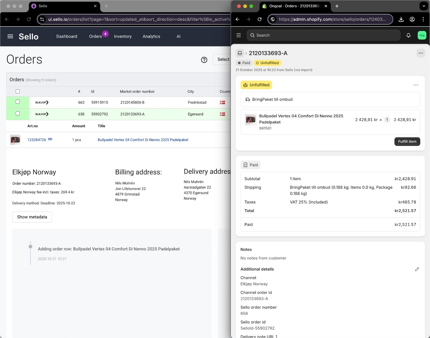 Sello-integration med Elkjøp Norway och Shopify som visar ordersynkronisering och leveranshantering för e-handlare på marknadsplatser.