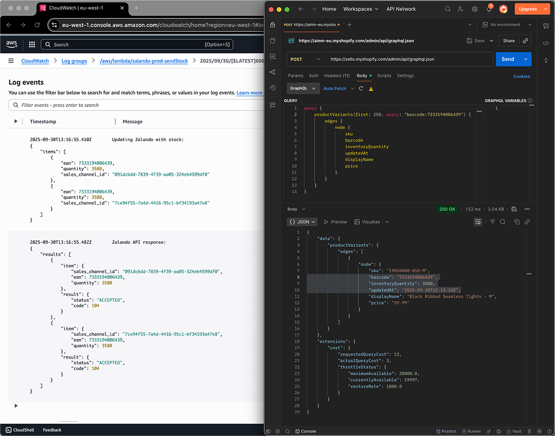 Sello integration between Shopify and Zalando displaying API logs and automated inventory updates for e-commerce.