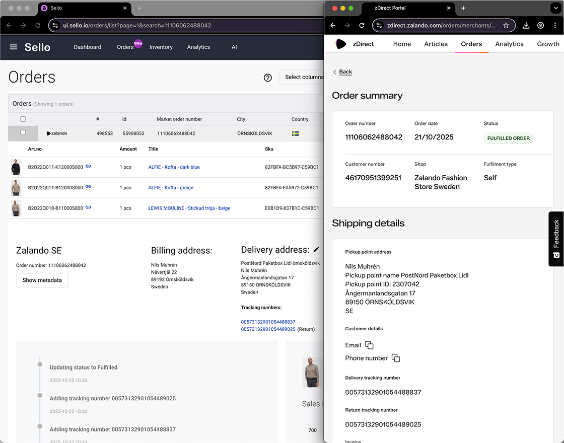 Sello Zalando integration displaying synchronized order fulfillment and tracking for marketplace sellers.