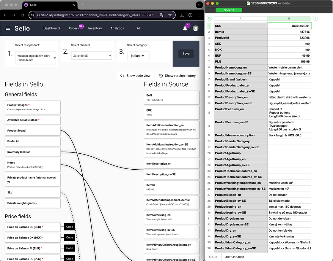 Sello integration interface displaying product data mapping and field synchronization with marketplace source file.