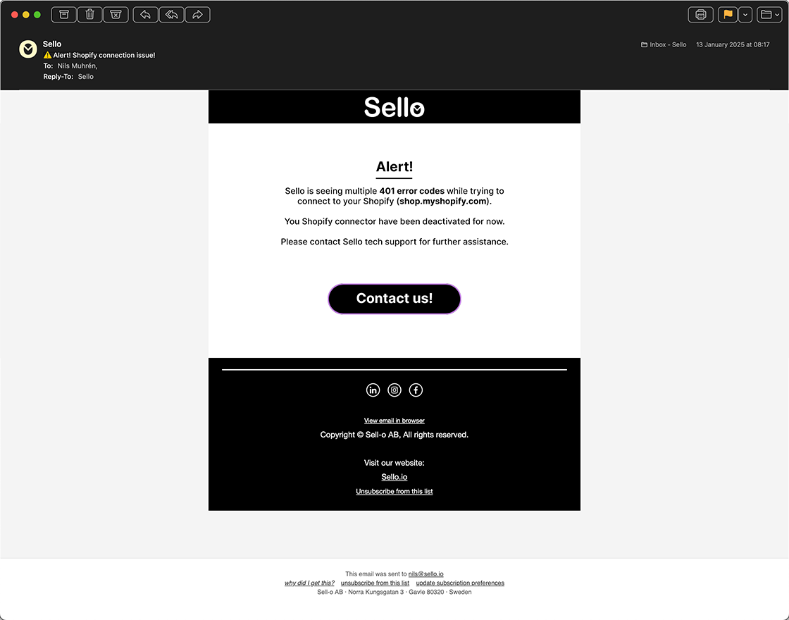 Sello notification about Shopify connection status.