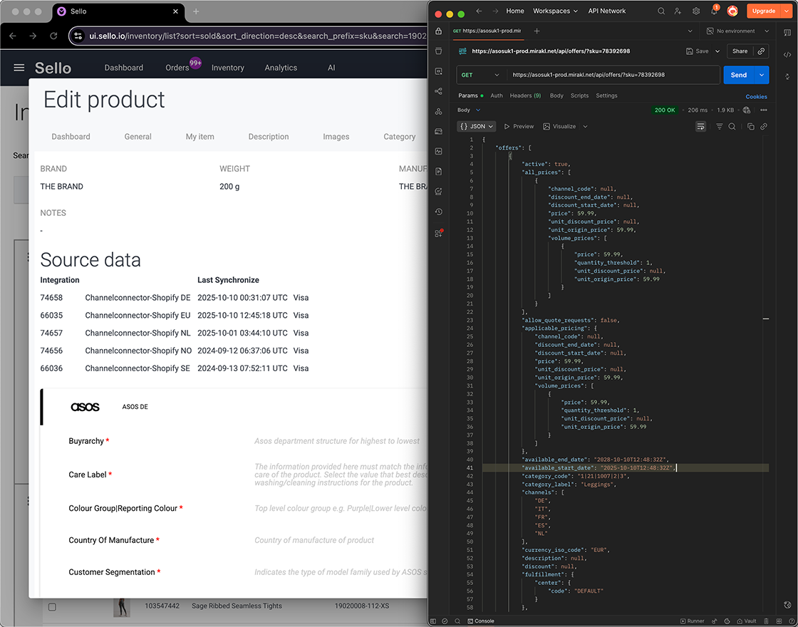 Sello product editing with ASOS and Shopify API data.