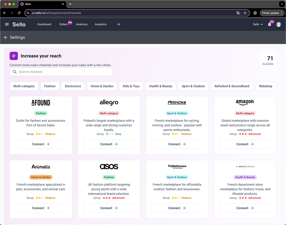 Sello settings showing available sales channels and marketplaces.