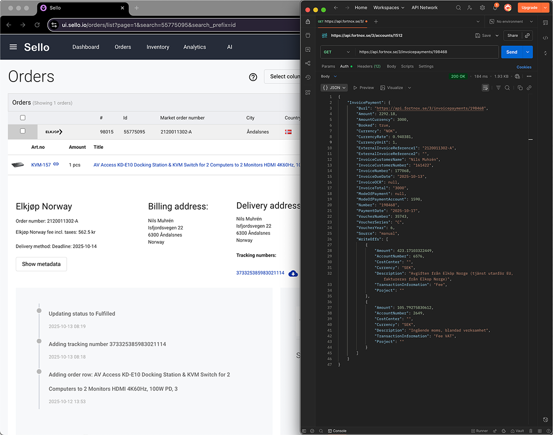 Sello order management dashboard connected to Fortnox API showing order fulfillment and invoice payment details.