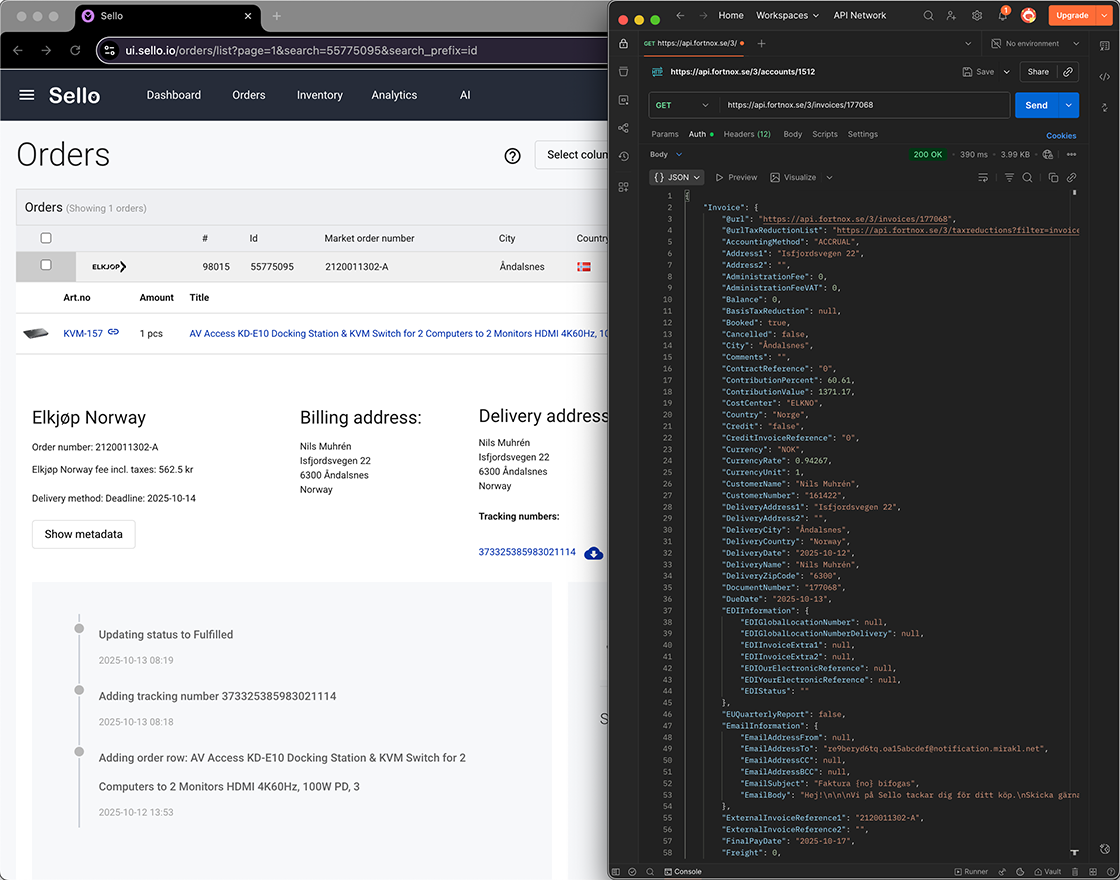 Sello order management dashboard connected to Fortnox API showing invoice data synchronization for e-commerce automation.