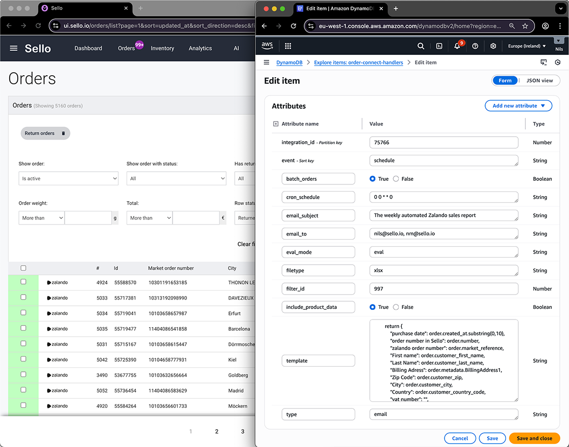 Sello order management dashboard integrated with AWS DynamoDB showing automation setup for weekly Zalando sales reports.