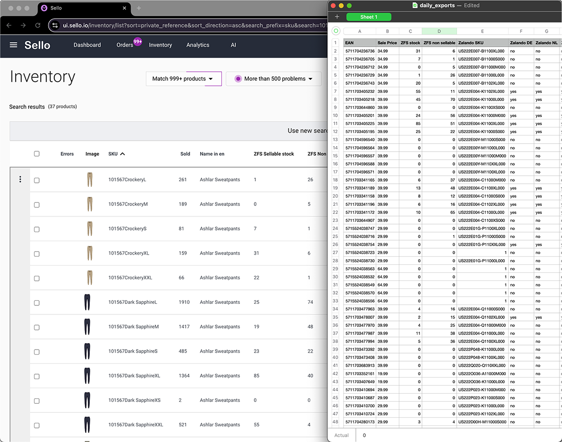 Sello inventory dashboard showing product listings and SKU synchronization with Excel daily export file for e-commerce automation.