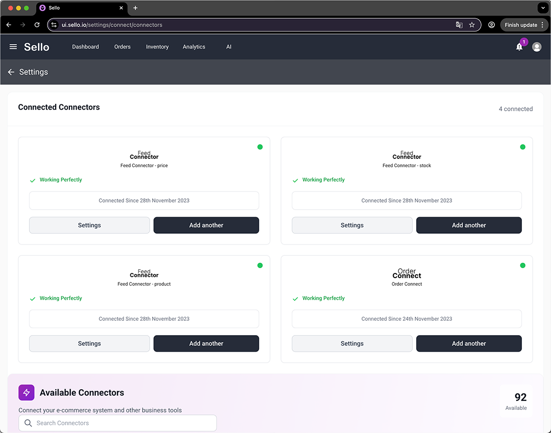 Sello dashboard showing active feed connectors and order connect integrations.