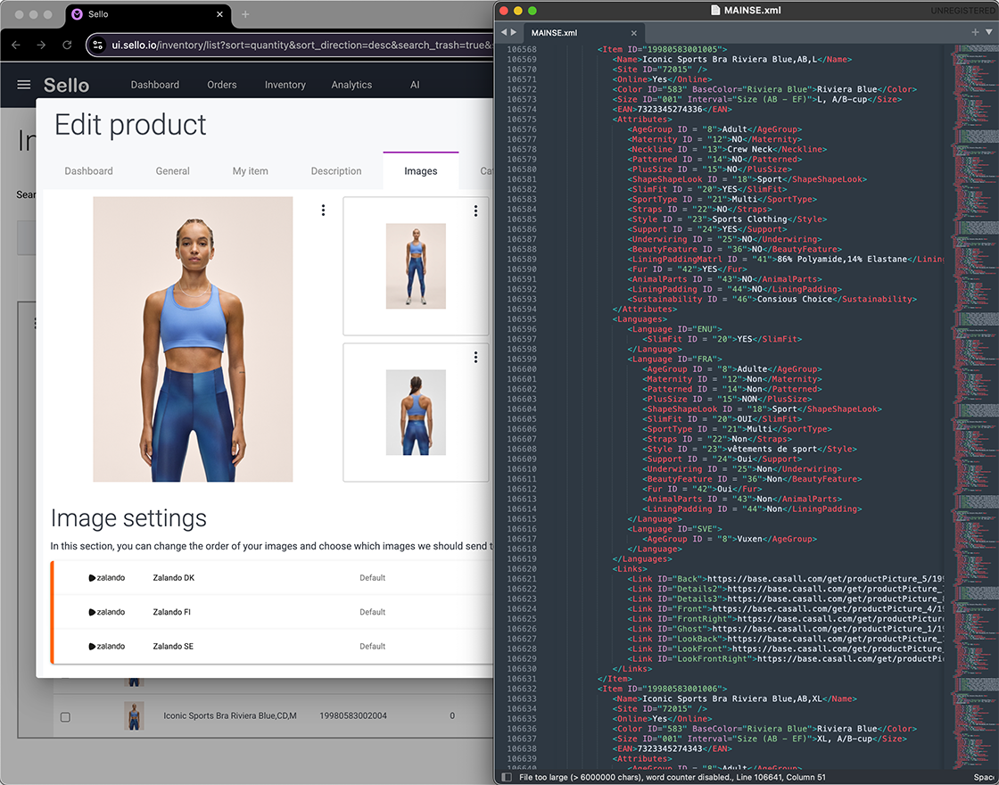 Sello product editing with image settings and XML product data.