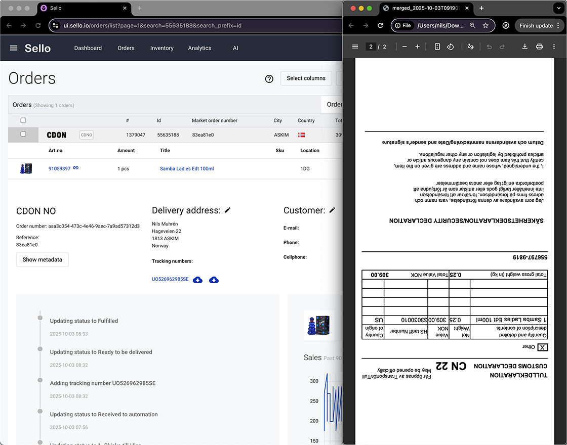 Sello platform showing order overview, tracking number, and generated customs declaration.