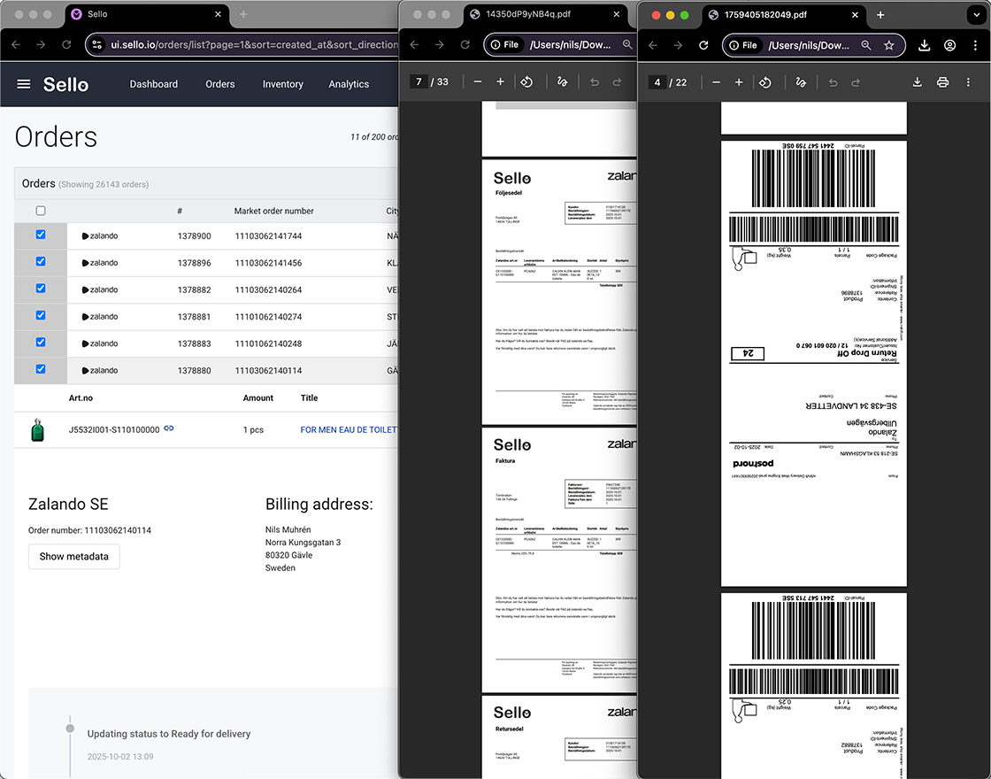 Sello platform showing order management and downloaded delivery documents.