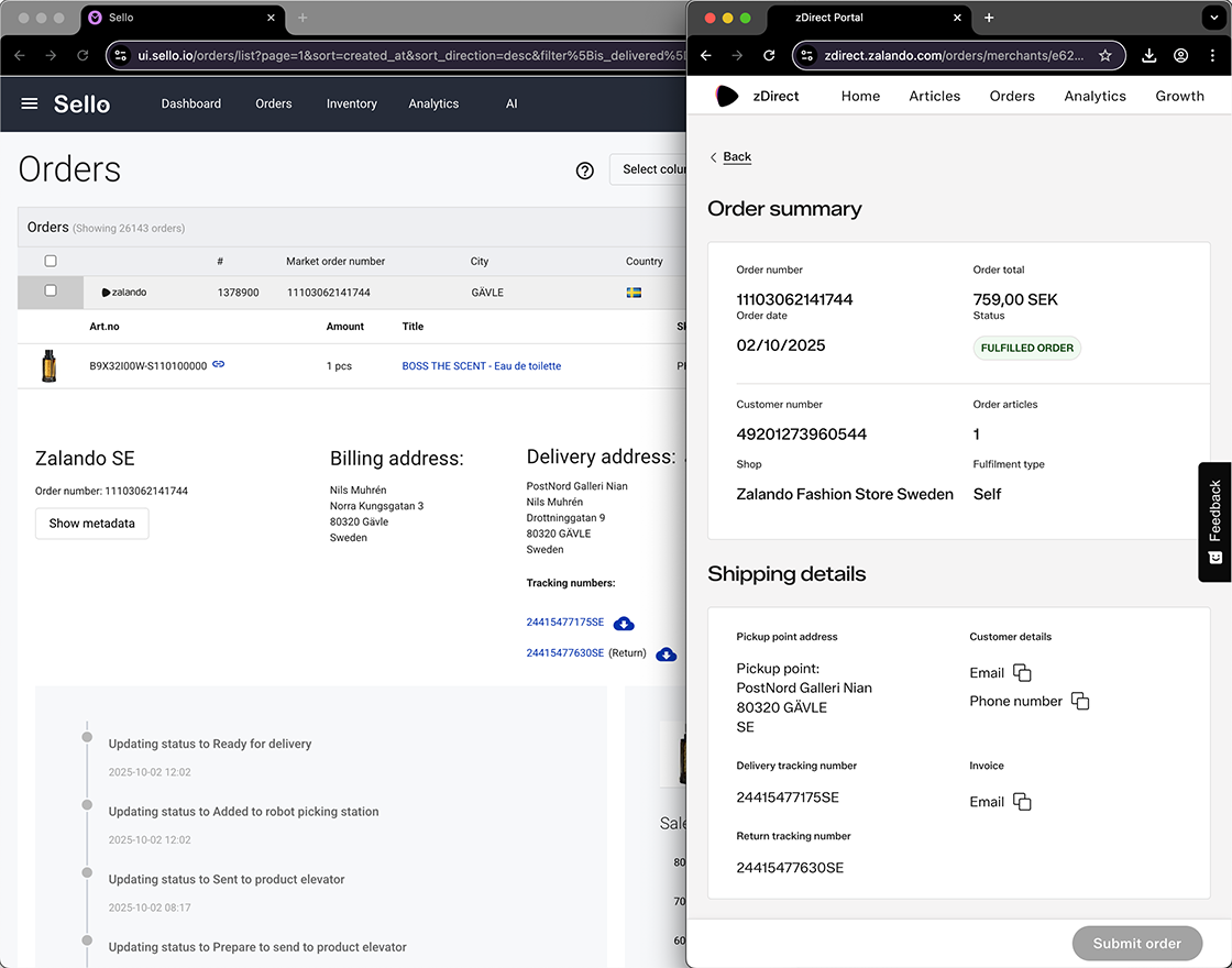 Sello order management showing billing address, delivery address, and tracking numbers.