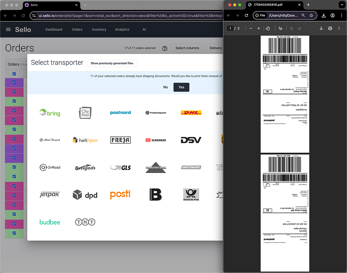 Sello platform showing integrated shipping options and label generation.