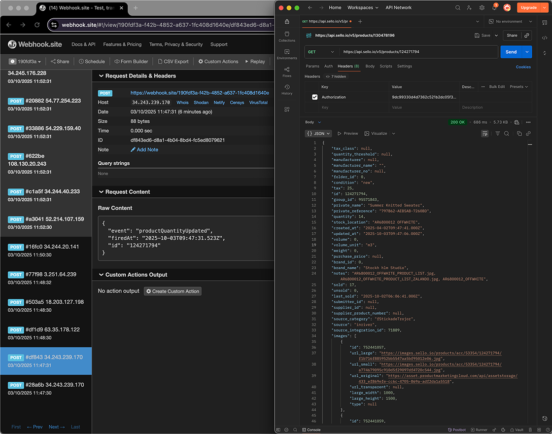 Sello integration testing with Webhook and Postman API to update product quantity and synchronize inventory data.