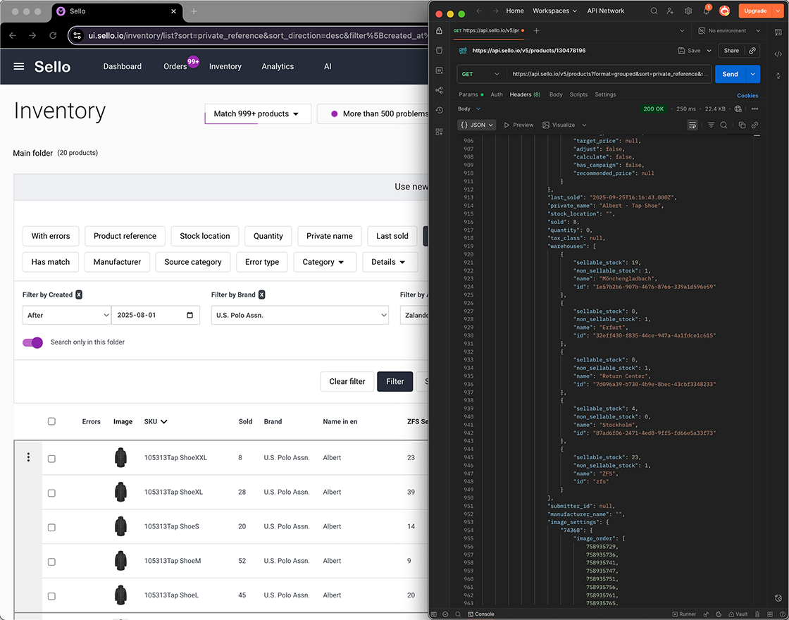 Sello inventory management with filters and API testing for product data, including brand, SKU, and stock levels.