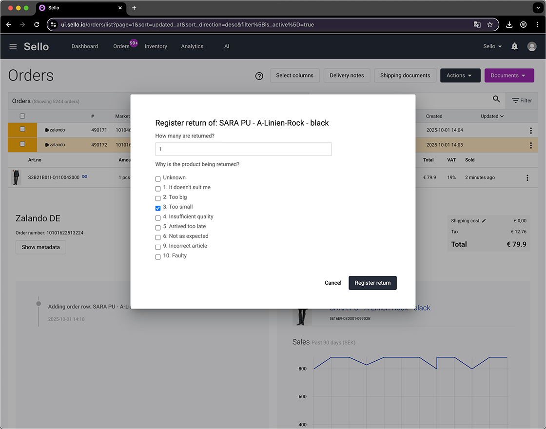 Sello order management return registration screen showing product return reason selection for Zalando order