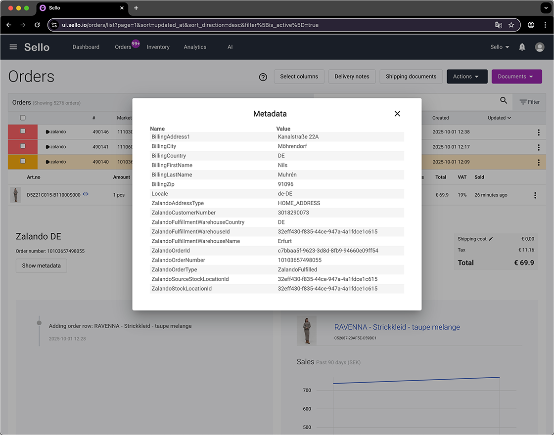 Sello order metadata view showing billing details, Zalando fulfillment information, and warehouse data.