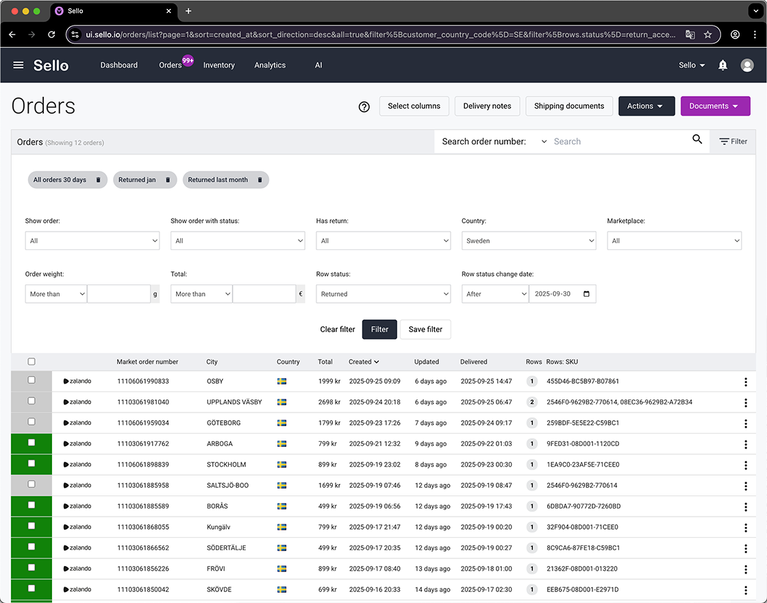 Sello order management dashboard showing filtered Zalando returns in Sweden