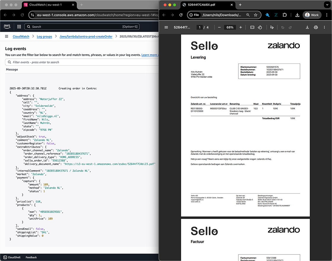 Sello API log and Zalando order PDF showing automated order creation and invoicing