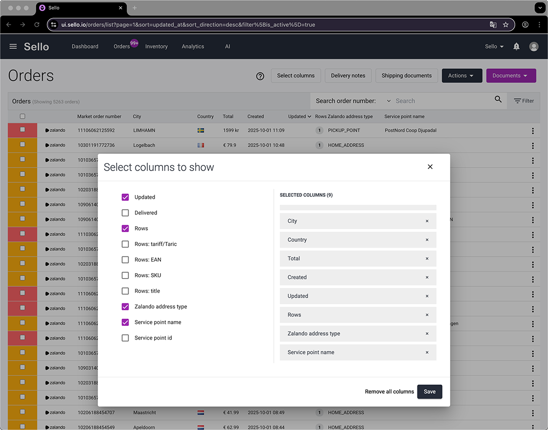 Sello order management system showing customizable columns for Zalando orders, including city, country, total, and delivery details
