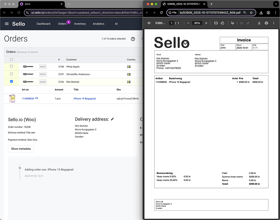 Sello order view with WooCommerce integration showing iPhone 15 order details and generated invoice.