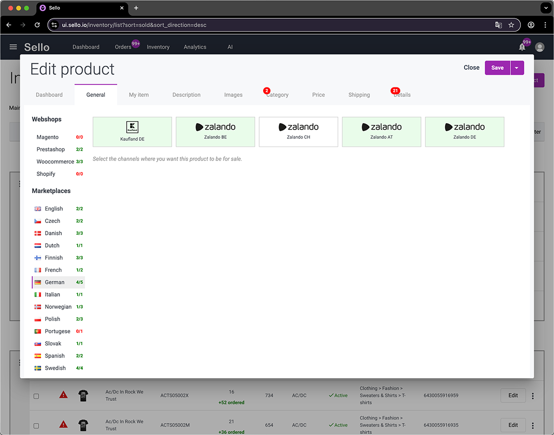 Sello makes it easy to activate and manage products across multiple marketplaces like Zalando, Kaufland, and more, directly from one platform.