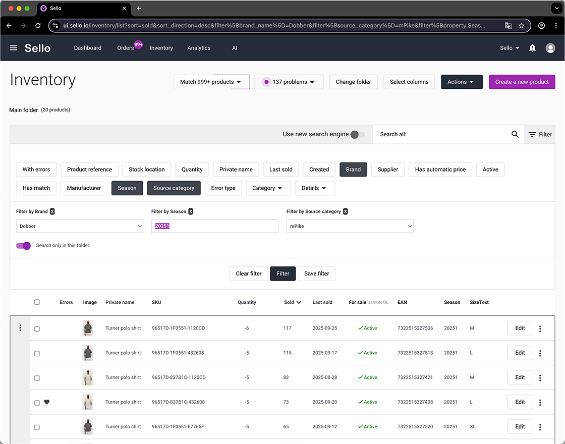 Sello inventory management with product filters for brand, season, and category.