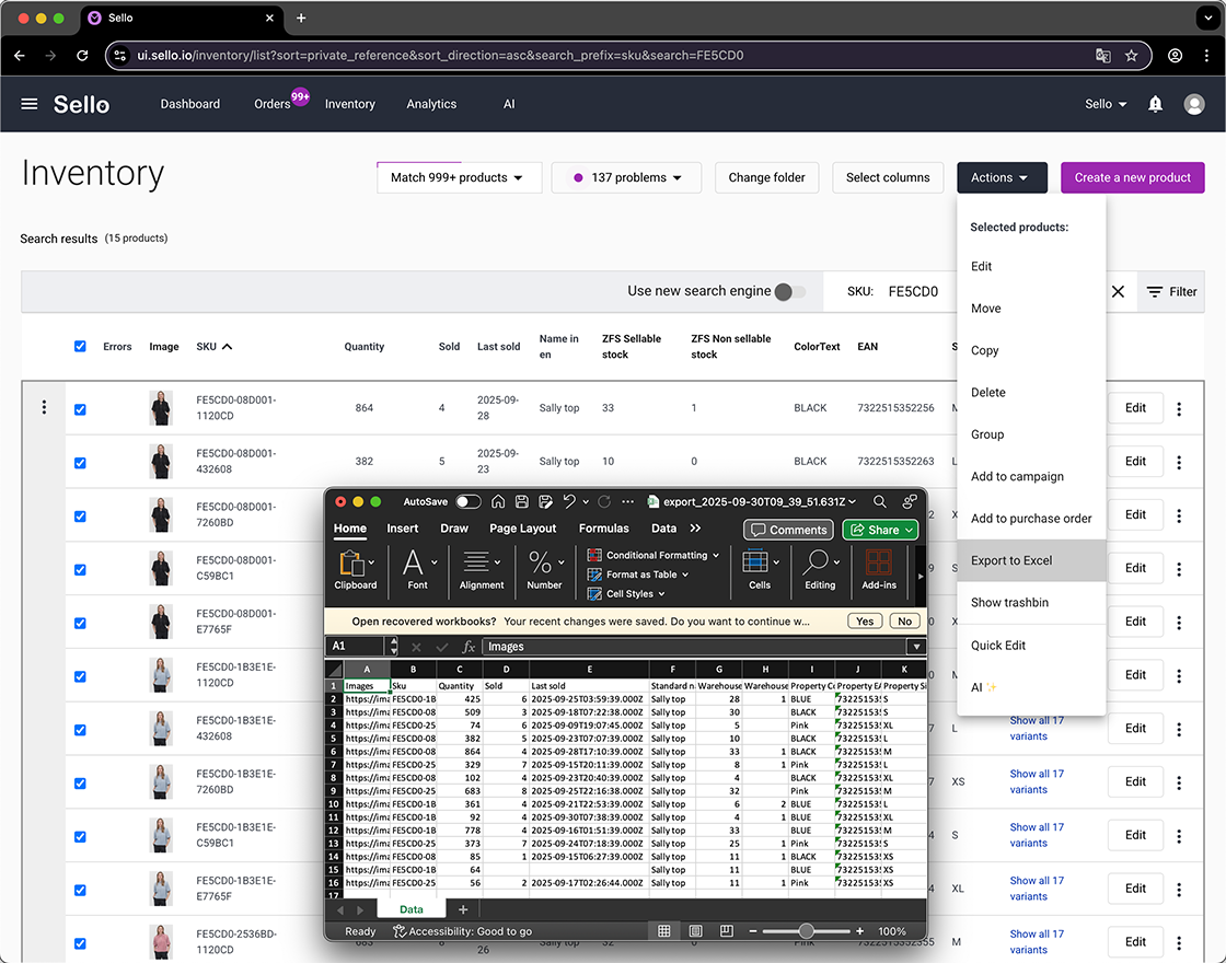Sello inventory management with product export to Excel.