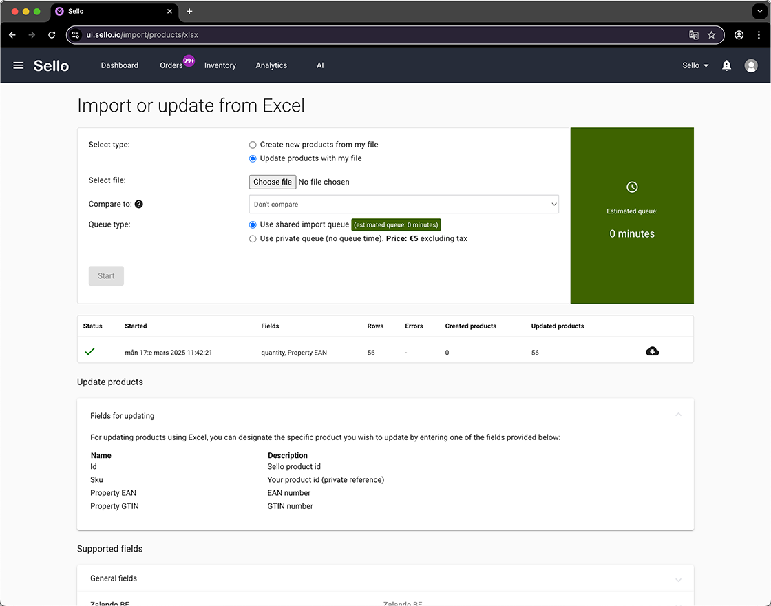 Sello Excel import for updating e-commerce products