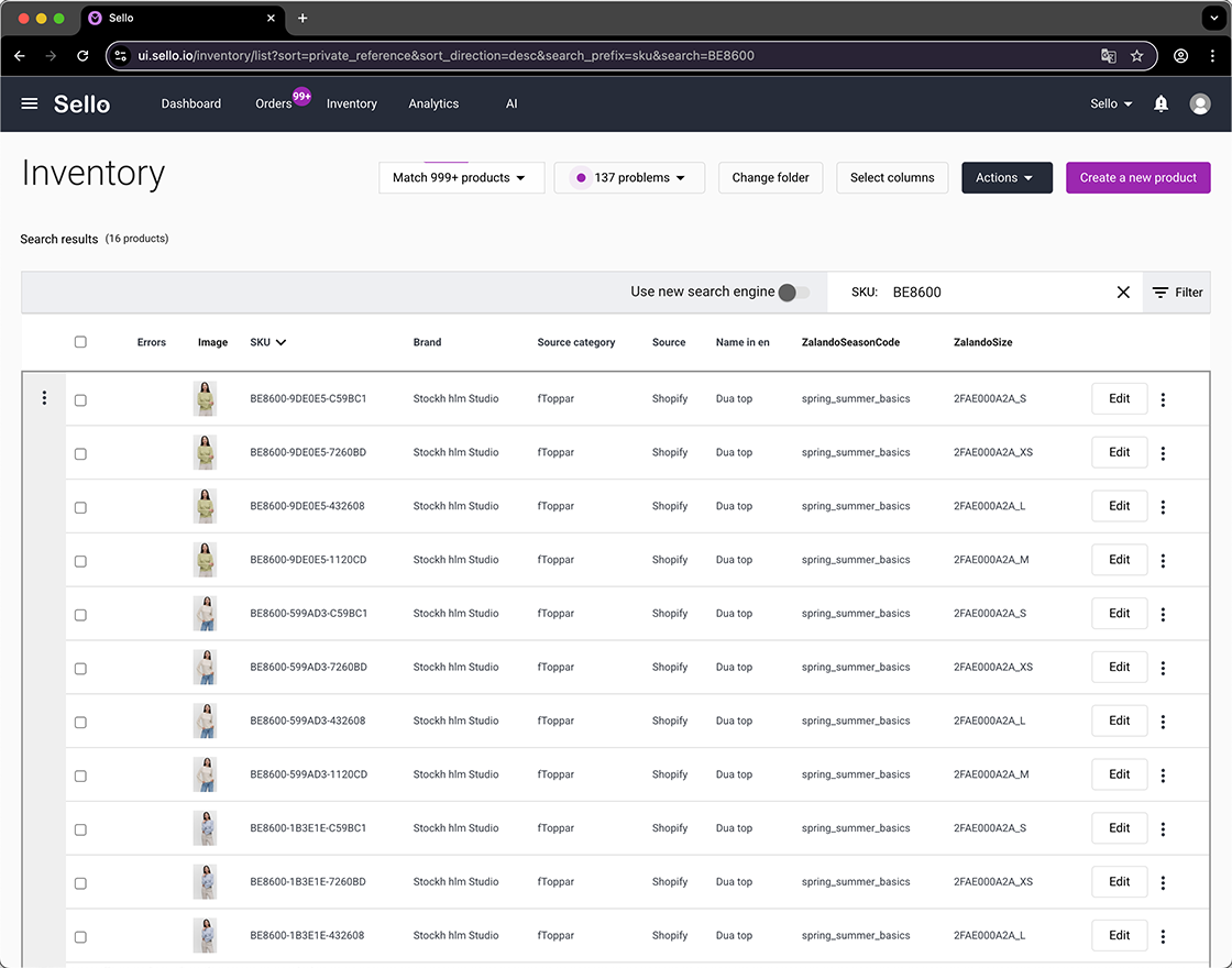 Sello inventory overview with product details and sales status.
