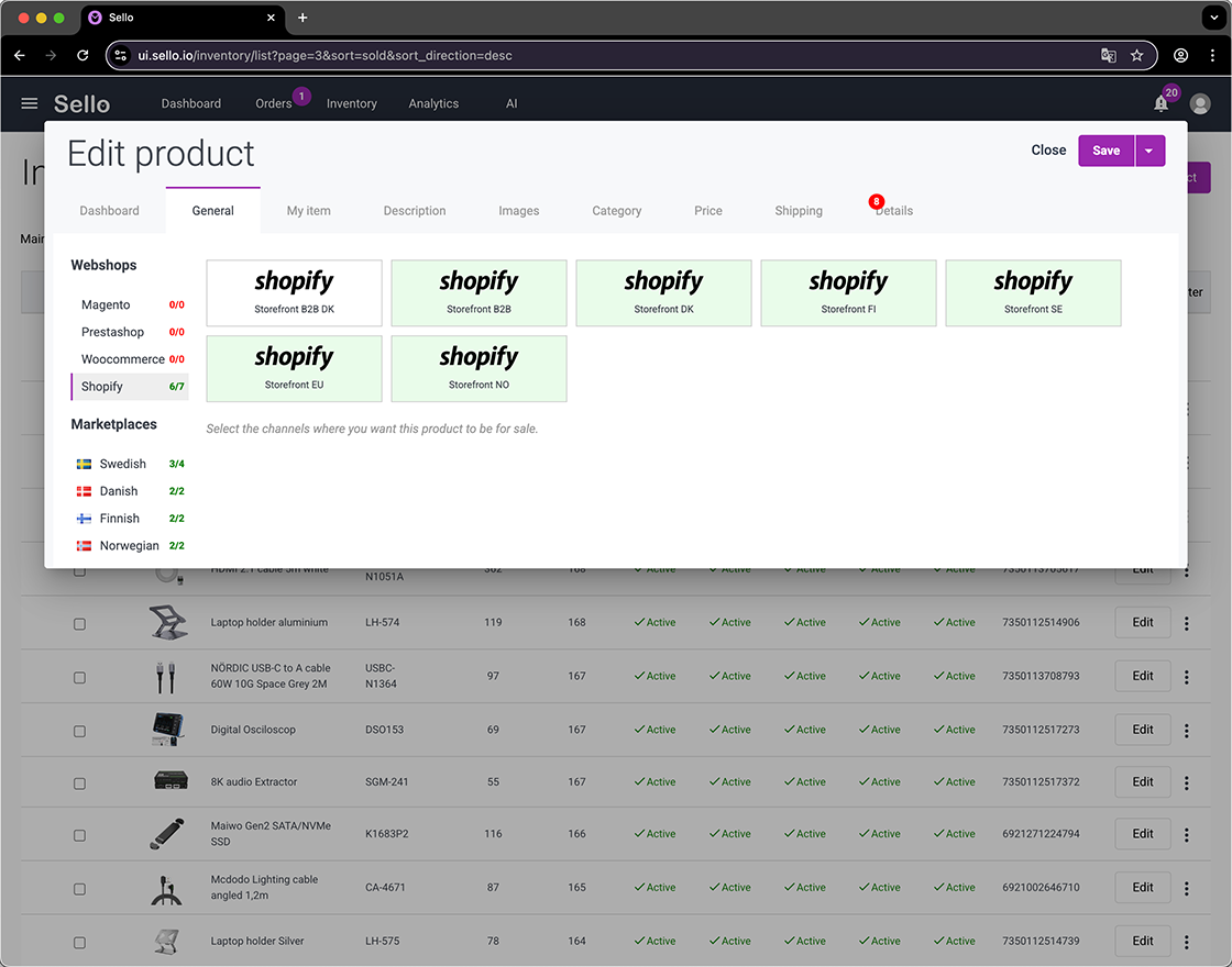 Sello platform product activation across multiple Shopify storefronts and Nordic marketplaces, enabling seamless multichannel e-commerce management.
