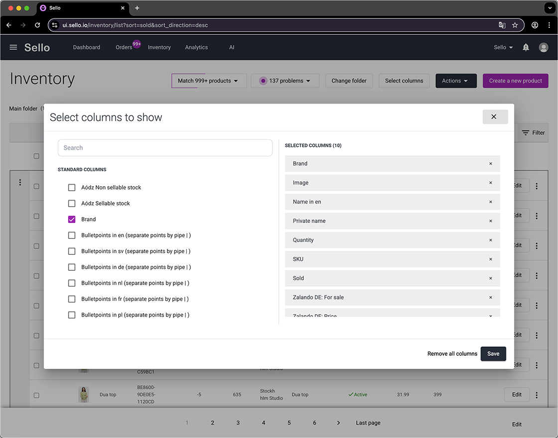 Sello inventory settings showing column selection for product data management.