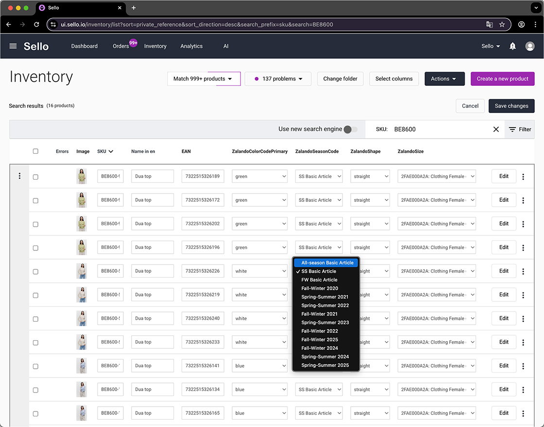 Sello inventory management with product attributes for Zalando listings.