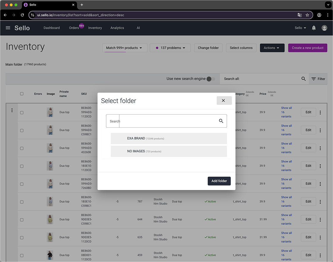 Sello inventory management with folder selection modal for organizing products.