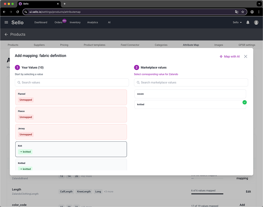 Sello attribute mapping tool matching fabric definitions to Zalando marketplace values