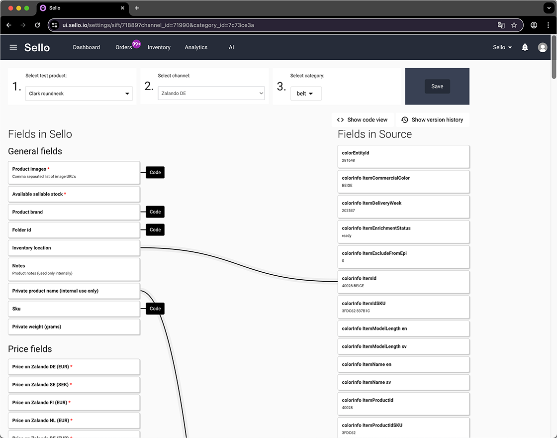 Sello visual field mapping connecting product data to Zalando DE marketplace fields