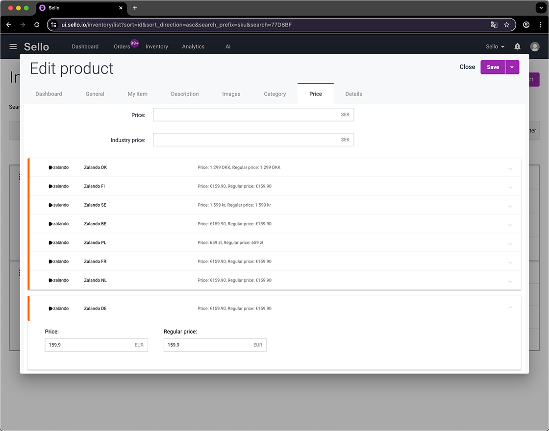 Sello platform product pricing management across Zalando marketplaces.