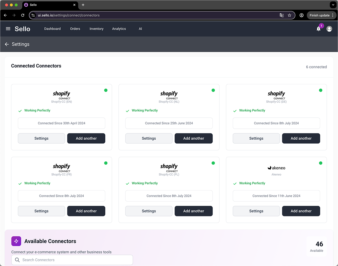 Sello dashboard showing multiple connected Shopify and Akeneo connectors, all working perfectly for multichannel e-commerce management.