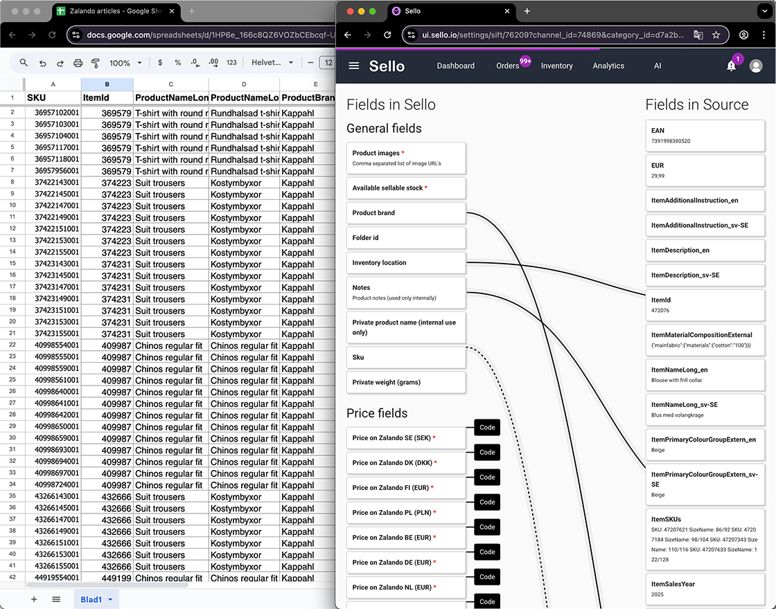 Sello field mapping with Zalando data in Google Sheets.