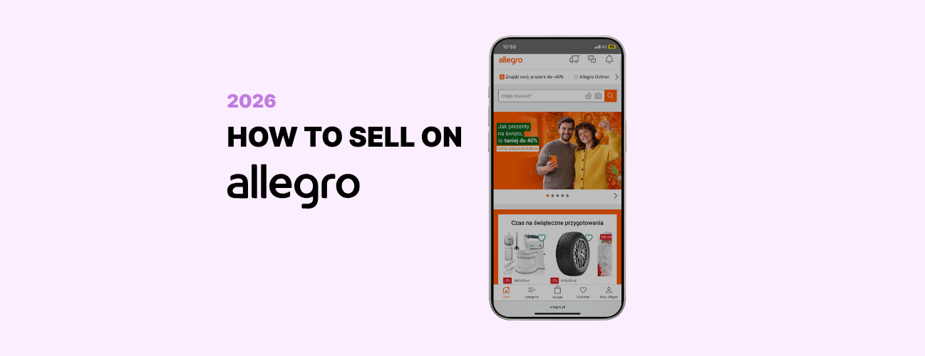 2026 guide on how to sell on Allegro marketplace, showing Allegro website displayed on a smartphone.
