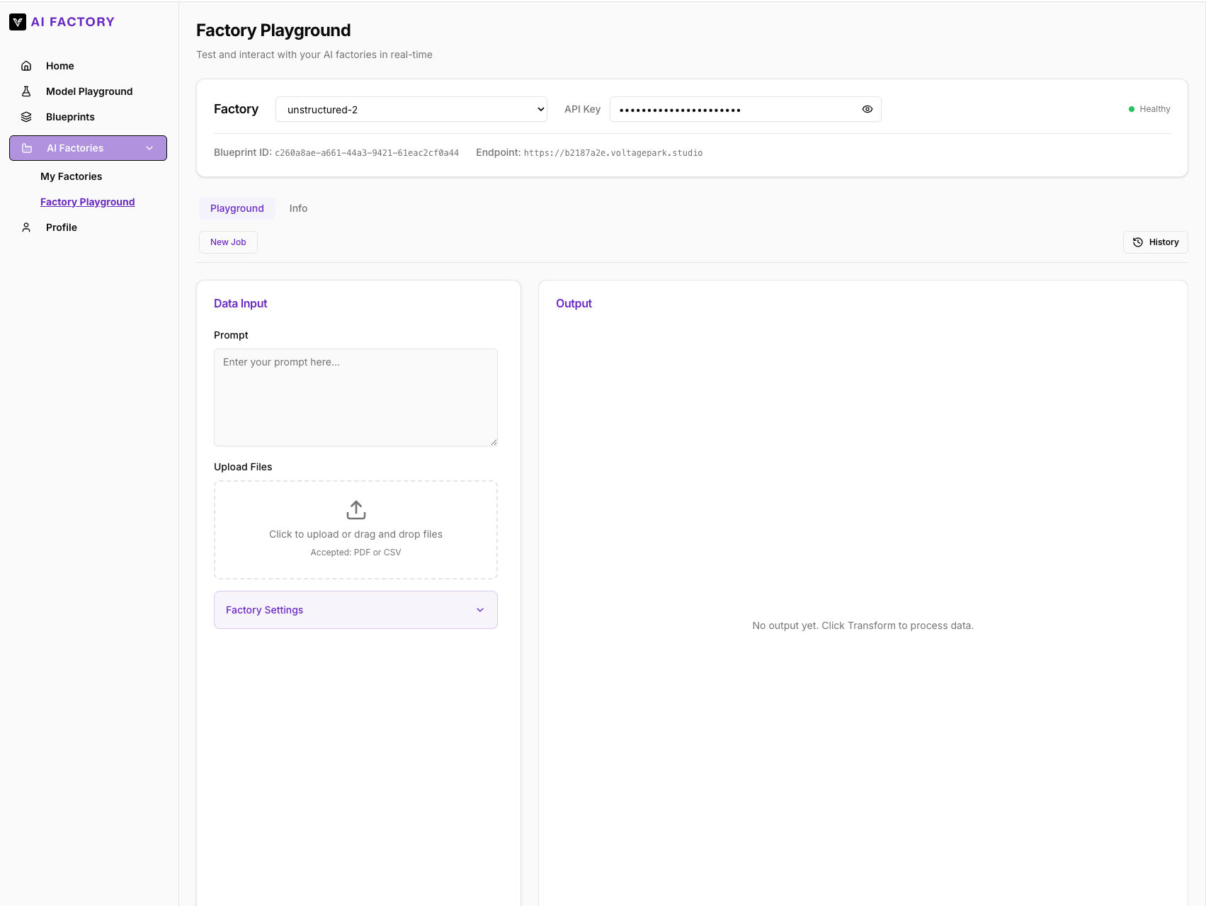 AI Factory playground with agentic RAG interface, input and output shown